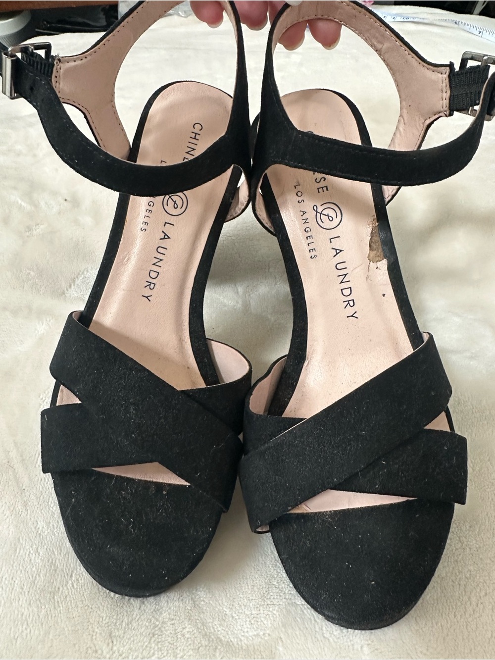 Chinese Laundry Black faux Suede Crisscross Ankle Strap Heels